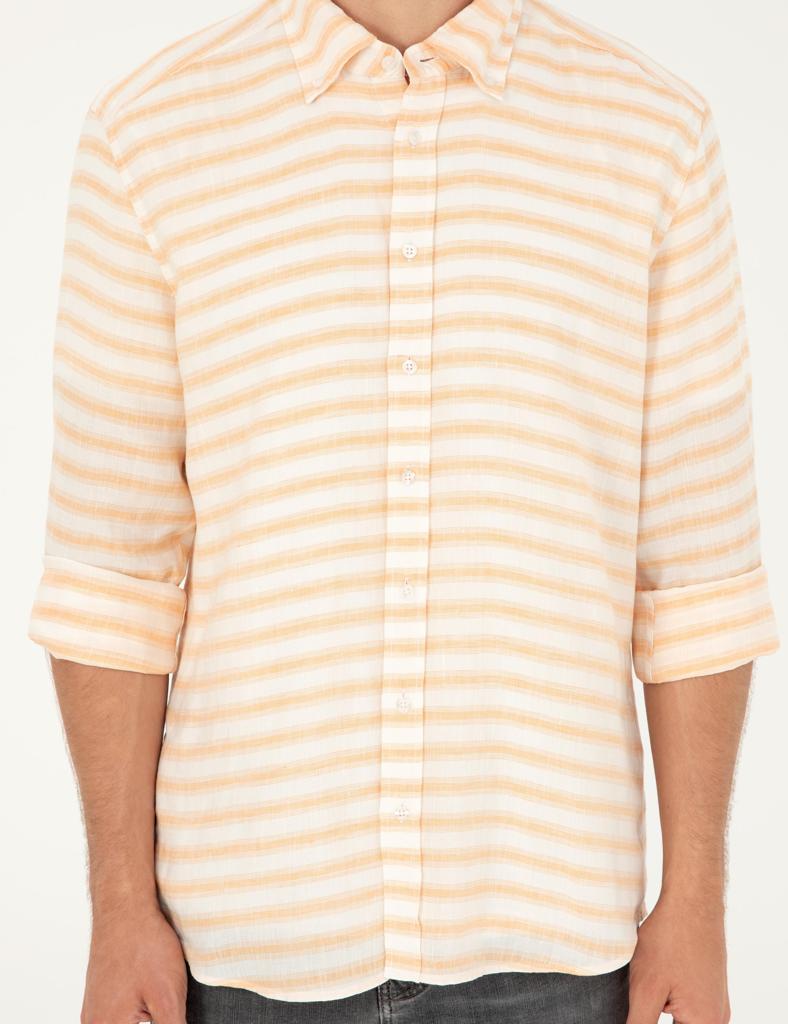 Turuncu Keten Karışımlı Slim Fit Uzun Kollu Gömlek - 50247552046