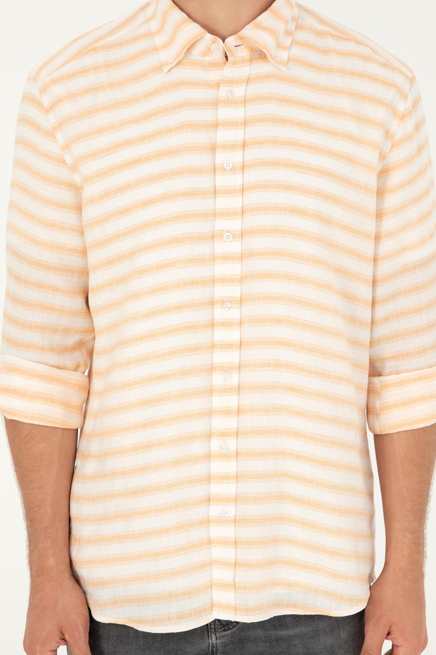 Turuncu Keten Karışımlı Slim Fit Uzun Kollu Gömlek - 50247552046