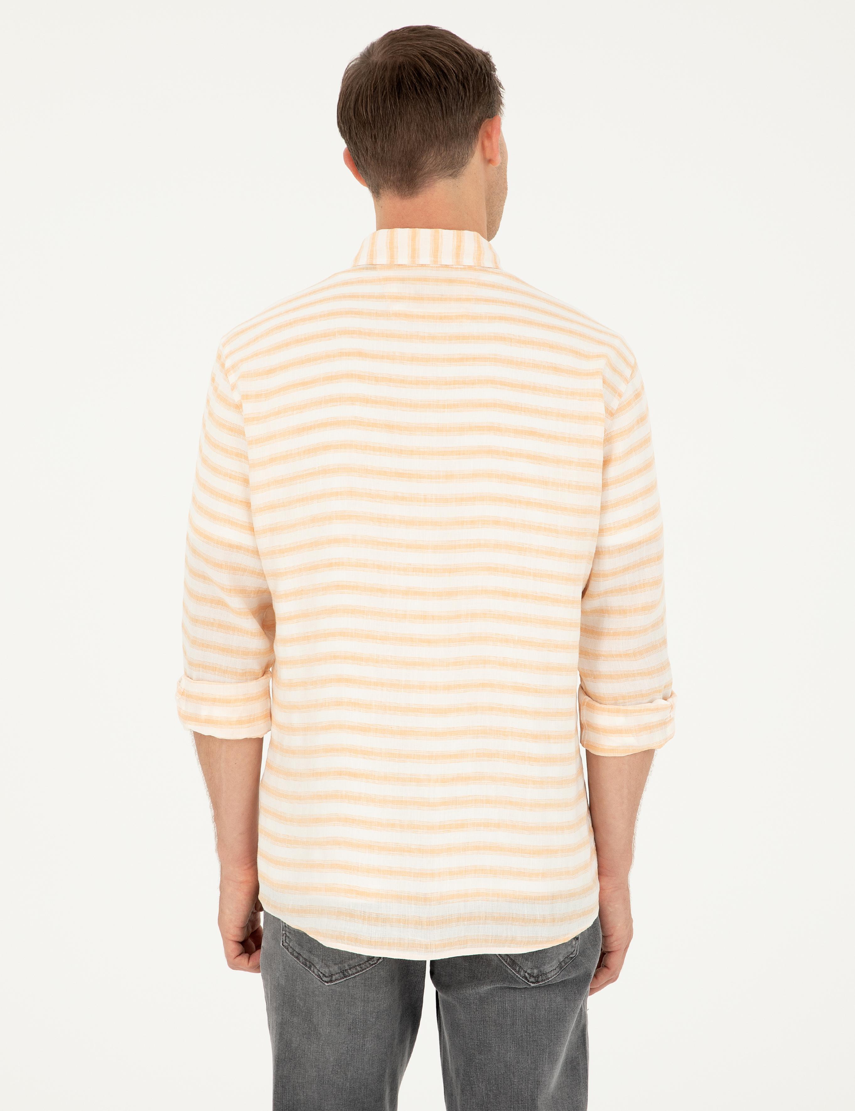 Turuncu Keten Karışımlı Slim Fit Uzun Kollu Gömlek - 50247552046