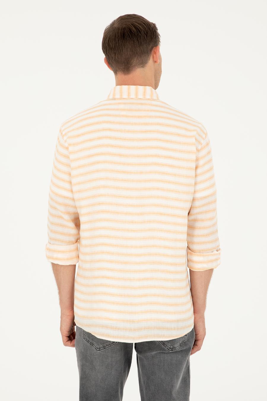 Turuncu Keten Karışımlı Slim Fit Uzun Kollu Gömlek - 50247552046