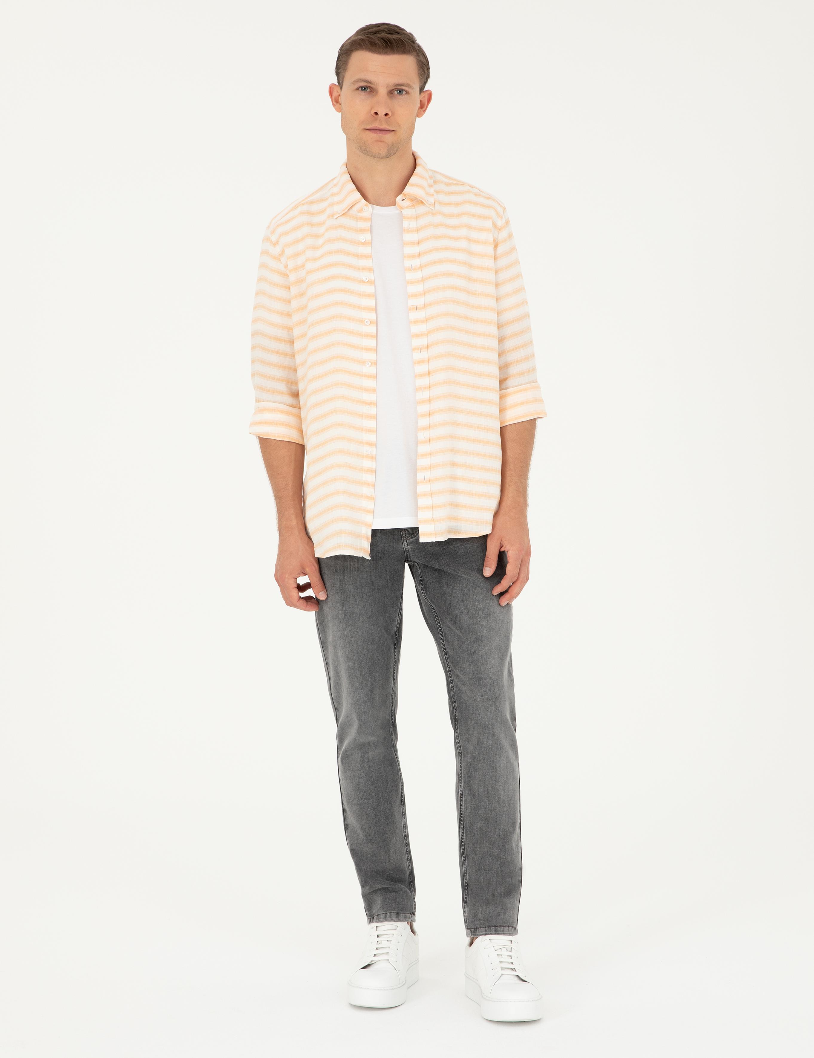 Turuncu Keten Karışımlı Slim Fit Uzun Kollu Gömlek - 50247552046