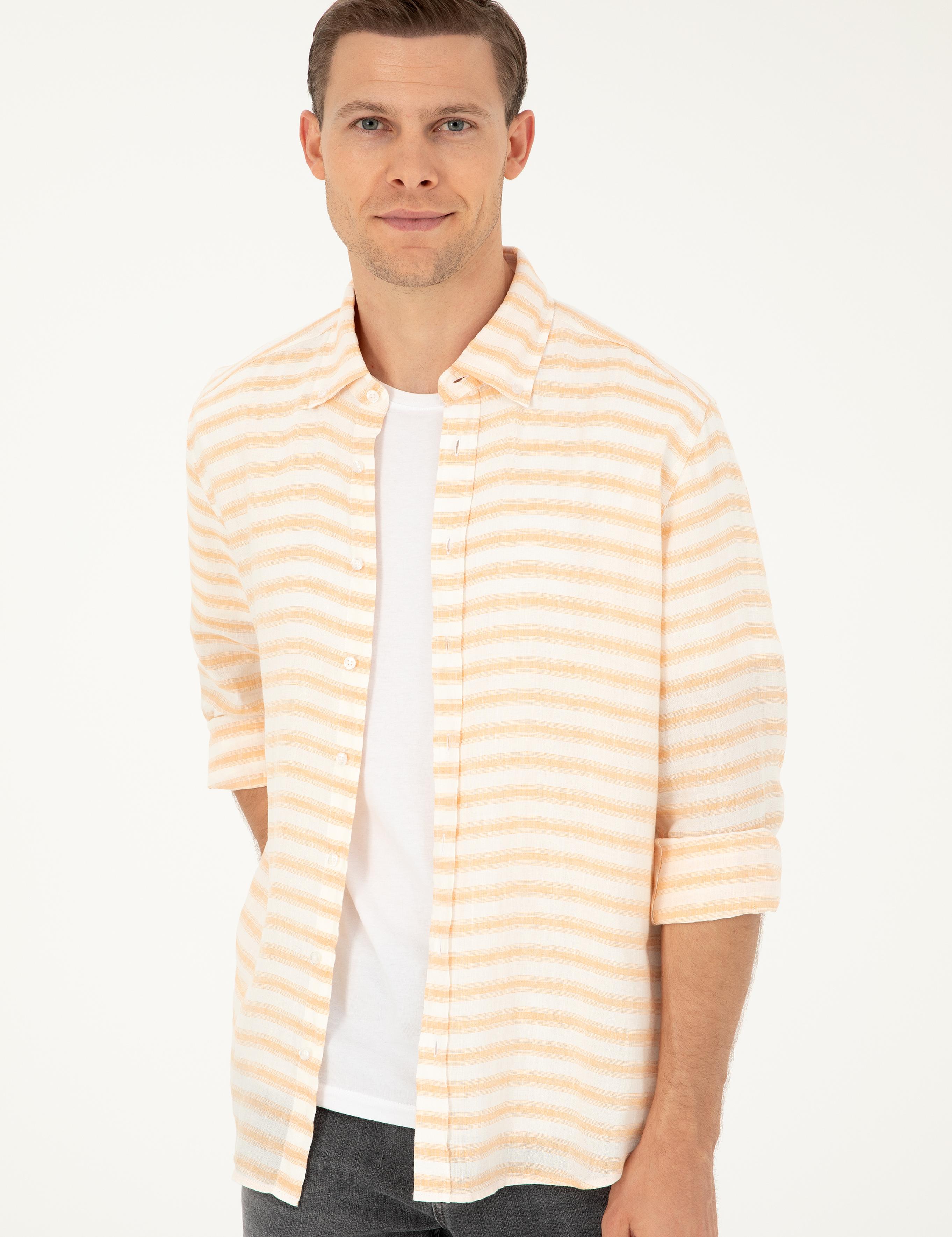 Turuncu Keten Karışımlı Slim Fit Uzun Kollu Gömlek - 50247552046