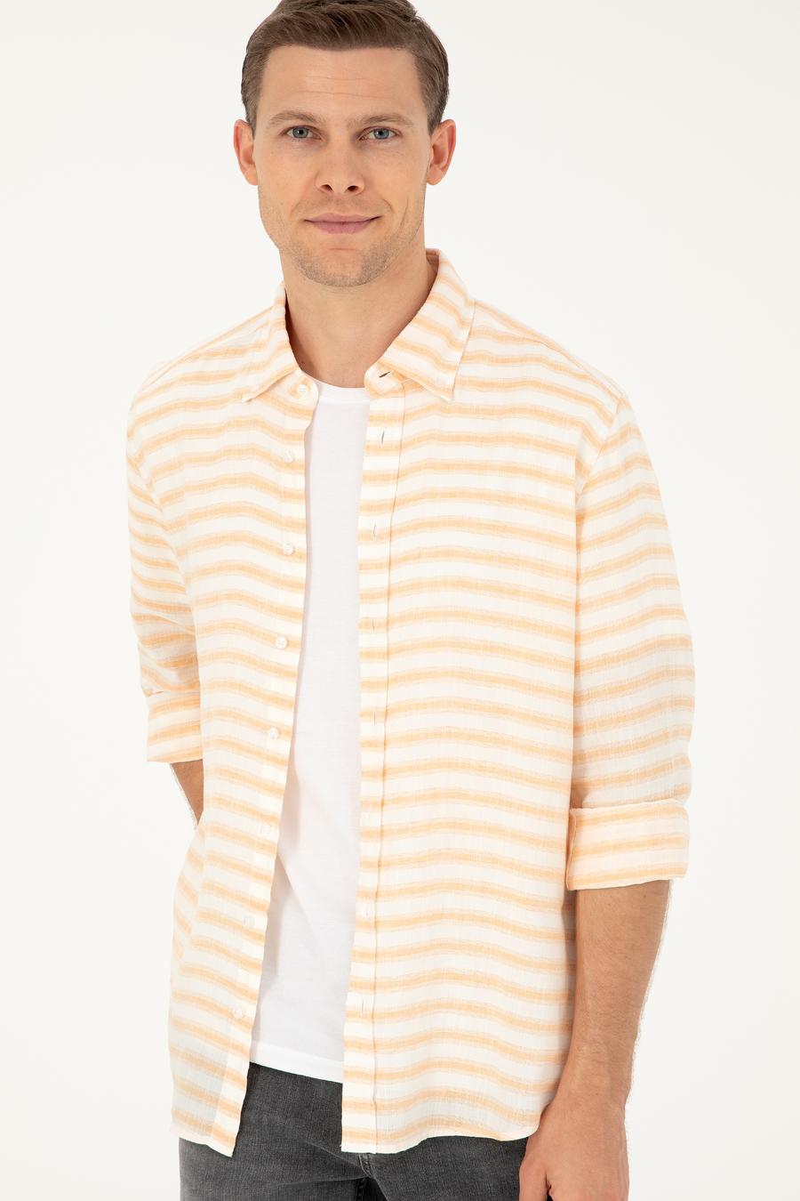 Turuncu Keten Karışımlı Slim Fit Uzun Kollu Gömlek - 50247552046