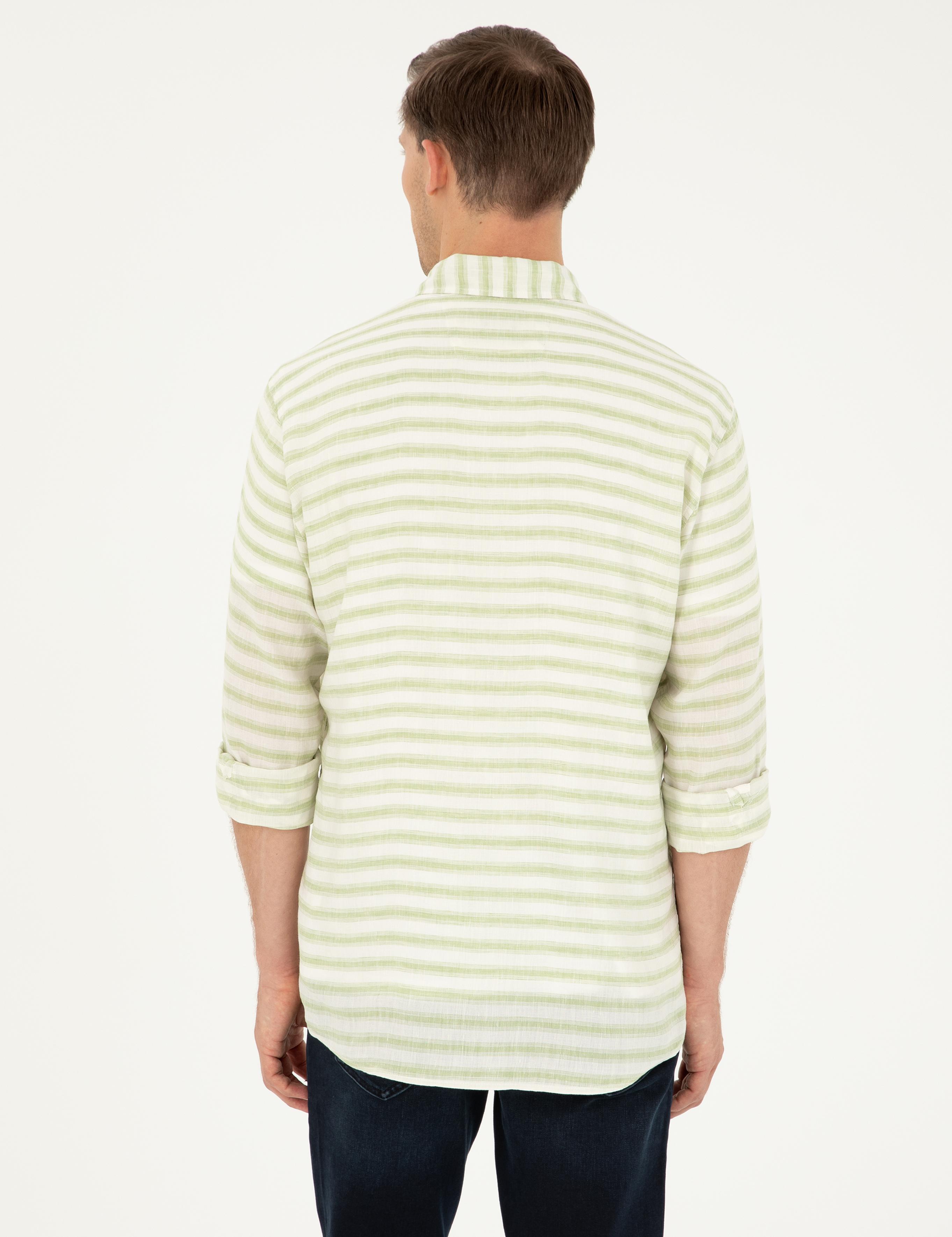 Yeşil Keten Karışımlı Slim Fit Uzun Kollu Gömlek - 50247552043