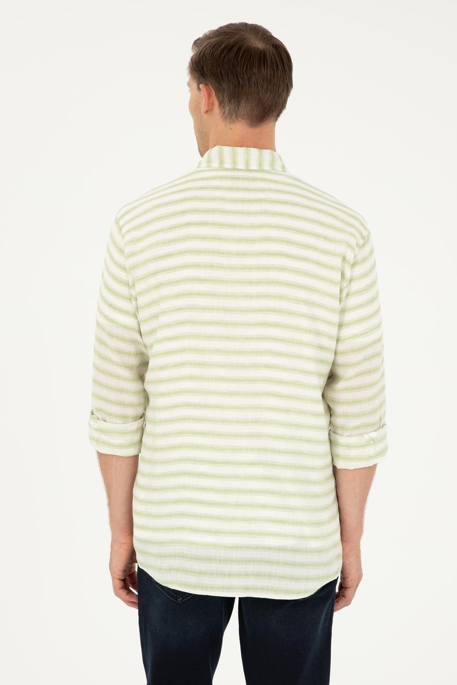 Yeşil Keten Karışımlı Slim Fit Uzun Kollu Gömlek - 50247552043