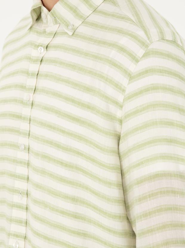Yeşil Keten Karışımlı Slim Fit Uzun Kollu Gömlek