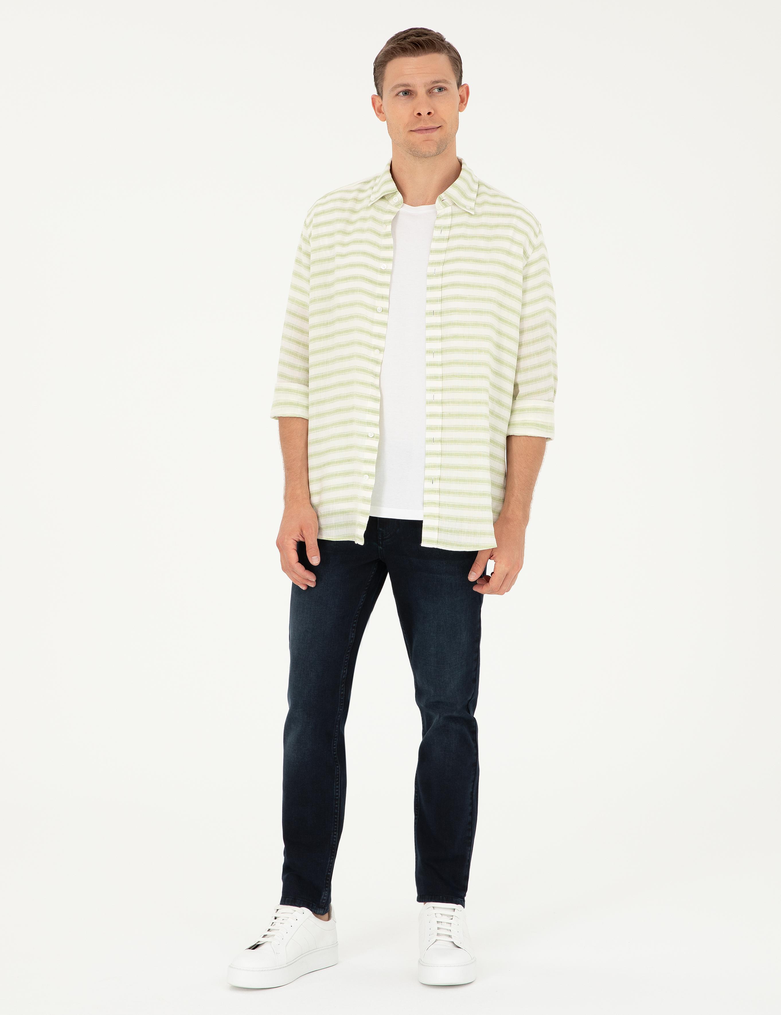 Yeşil Keten Karışımlı Slim Fit Uzun Kollu Gömlek - 50247552043