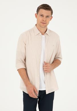 Bej Keten Karışımlı Slim Fit Uzun Kollu Gömlek