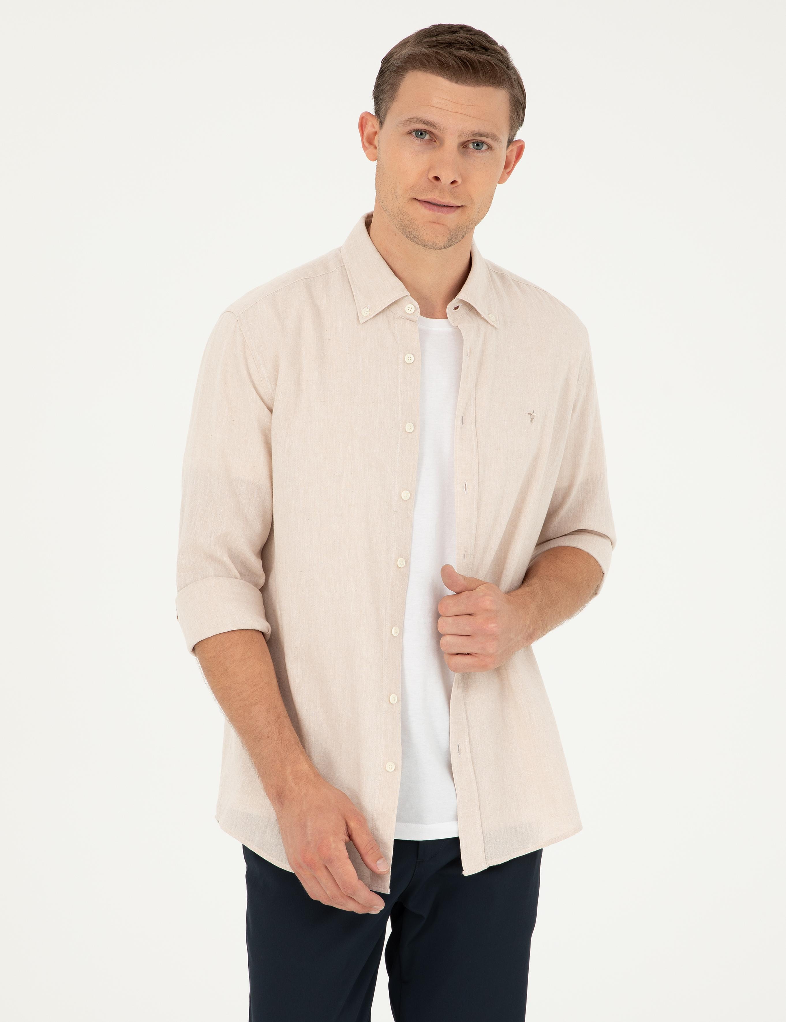 Bej Keten Karışımlı Slim Fit Uzun Kollu Gömlek - 50250813414