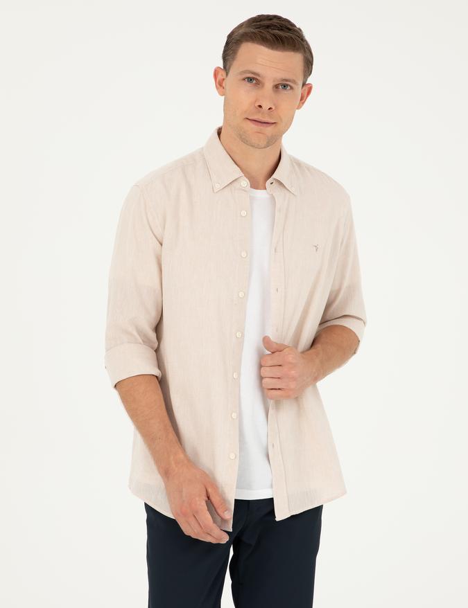 Bej Keten Karışımlı Slim Fit Uzun Kollu Gömlek