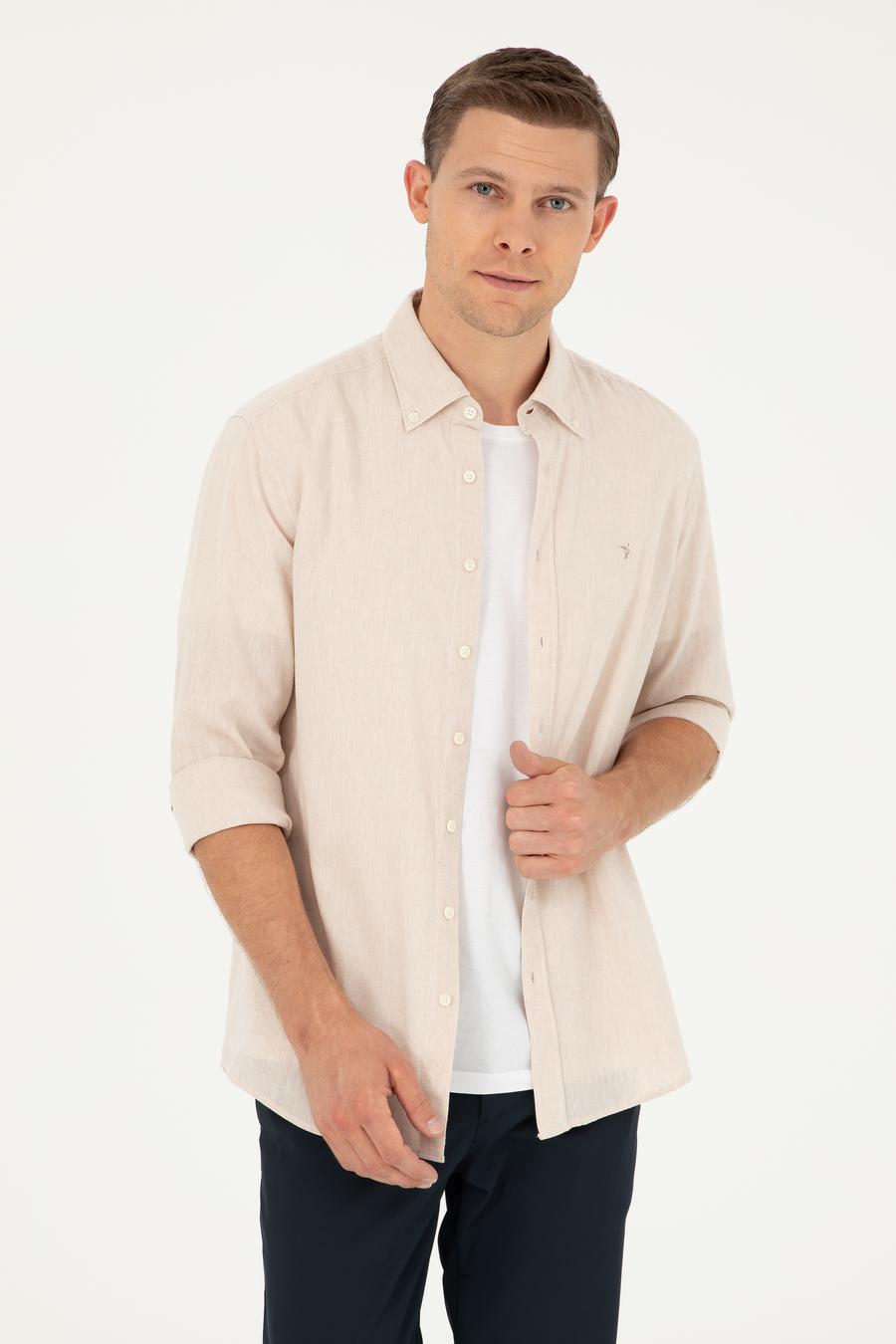 Bej Keten Karışımlı Slim Fit Uzun Kollu Gömlek - 50250813414