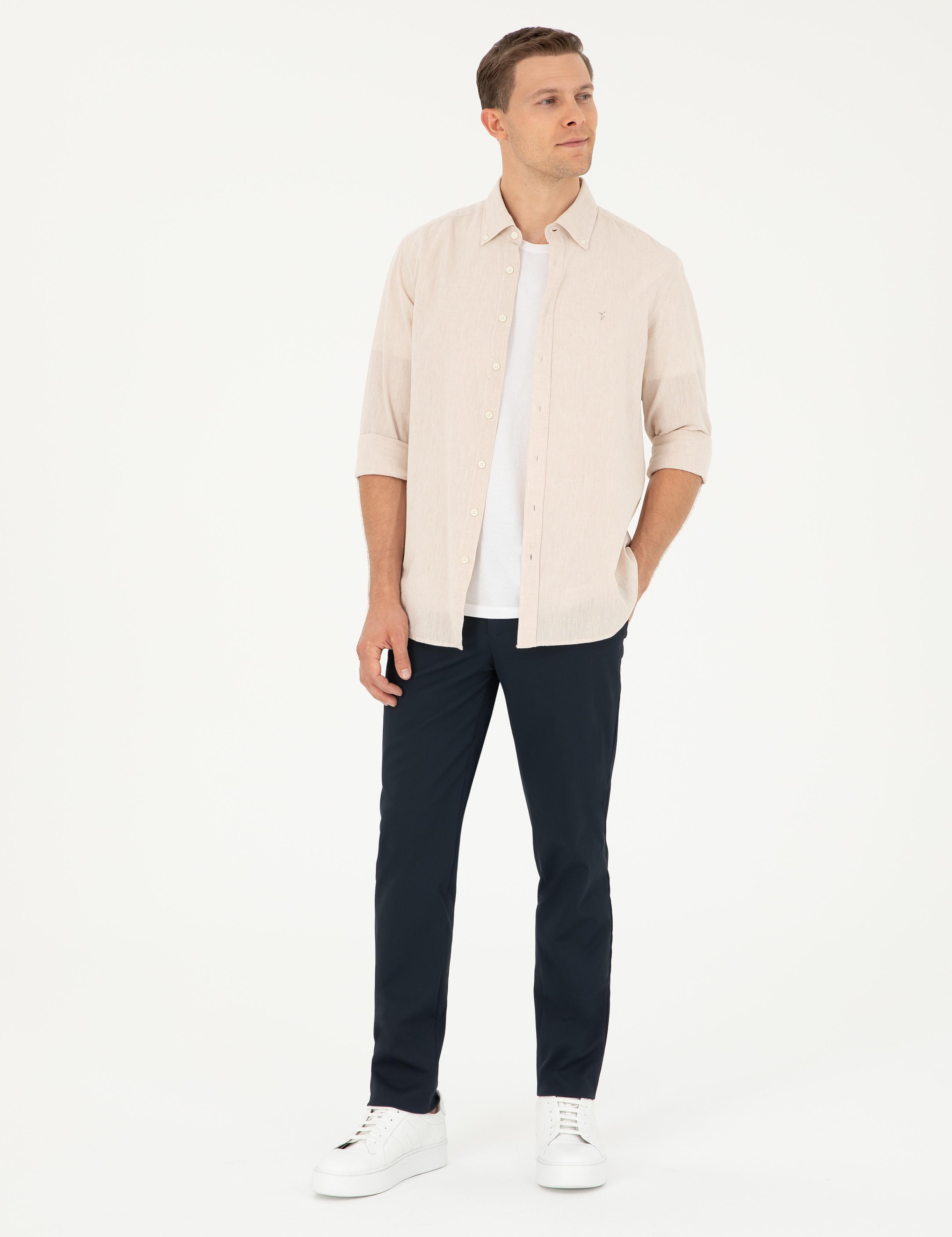 Bej Keten Karışımlı Slim Fit Uzun Kollu Gömlek - 50250813414