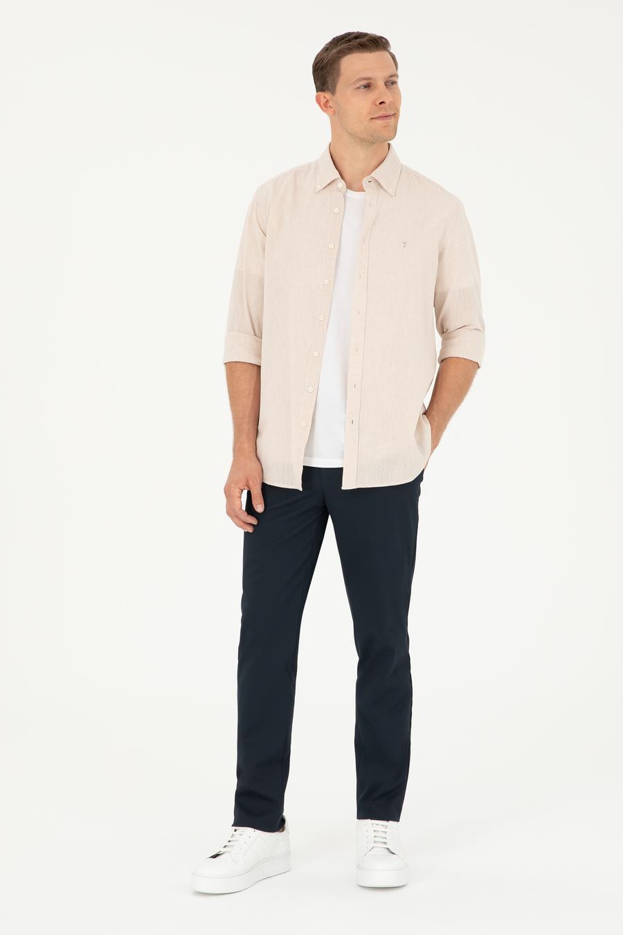 Bej Keten Karışımlı Slim Fit Uzun Kollu Gömlek - 50250813414