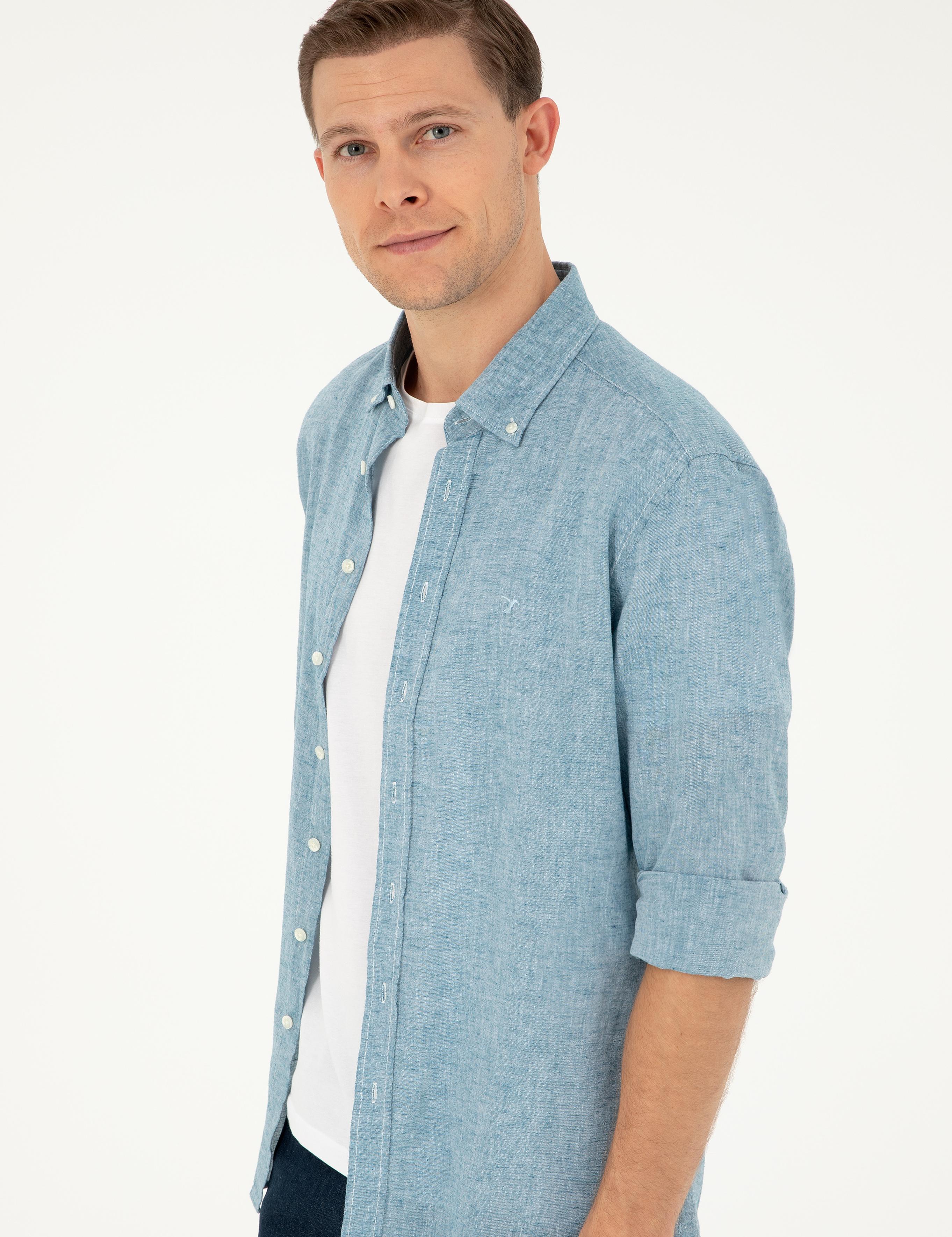 Petrol Slim Fit Keten Karışımlı Gömlek - 50266184357