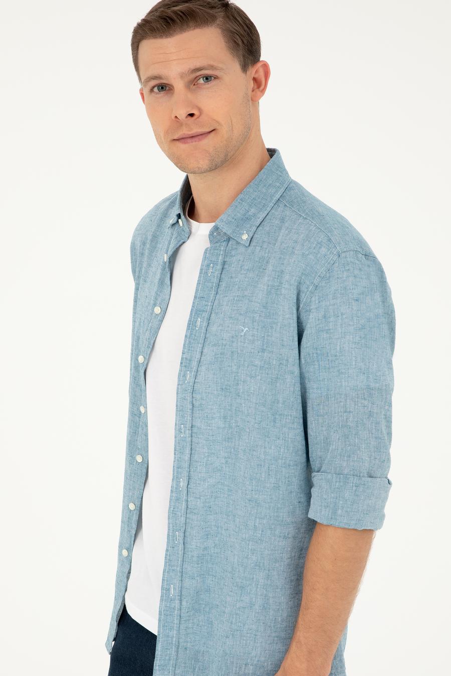 Petrol Slim Fit Keten Karışımlı Gömlek - 50266184357