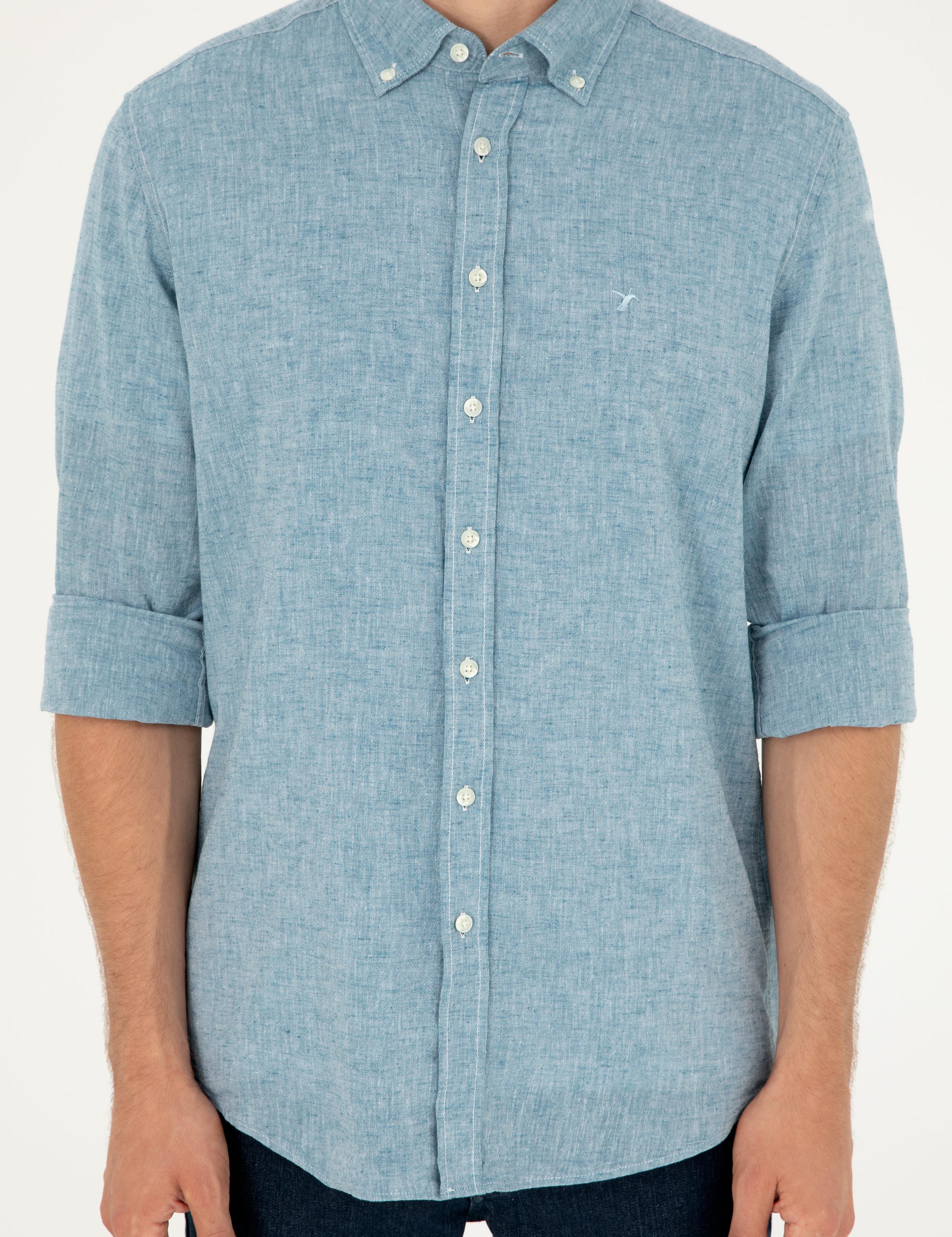 Petrol Slim Fit Keten Karışımlı Gömlek - 50266184357