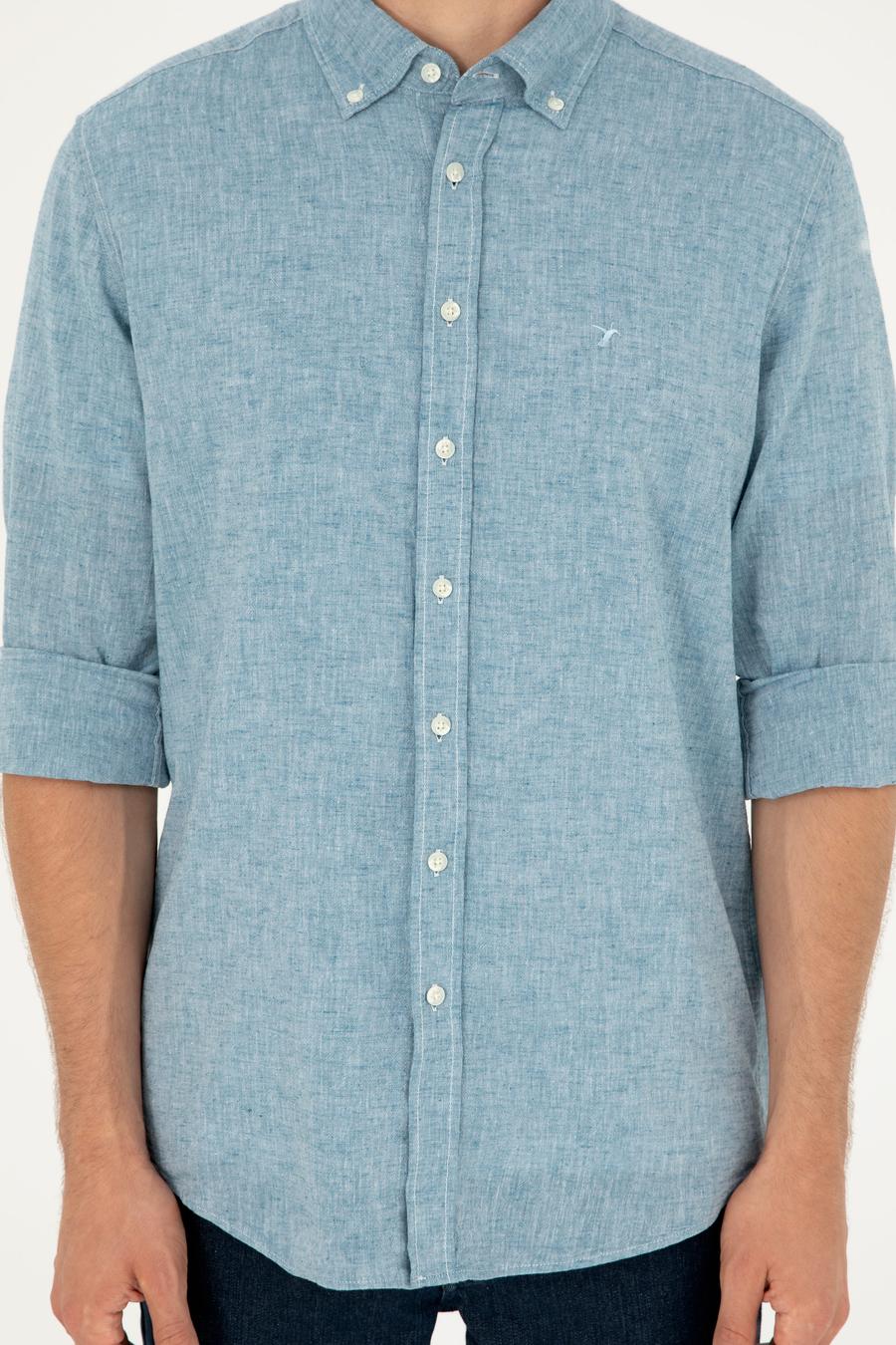 Petrol Slim Fit Keten Karışımlı Gömlek - 50266184357