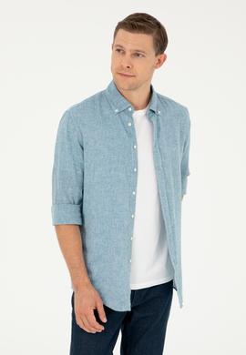 Petrol Slim Fit Keten Karışımlı Gömlek