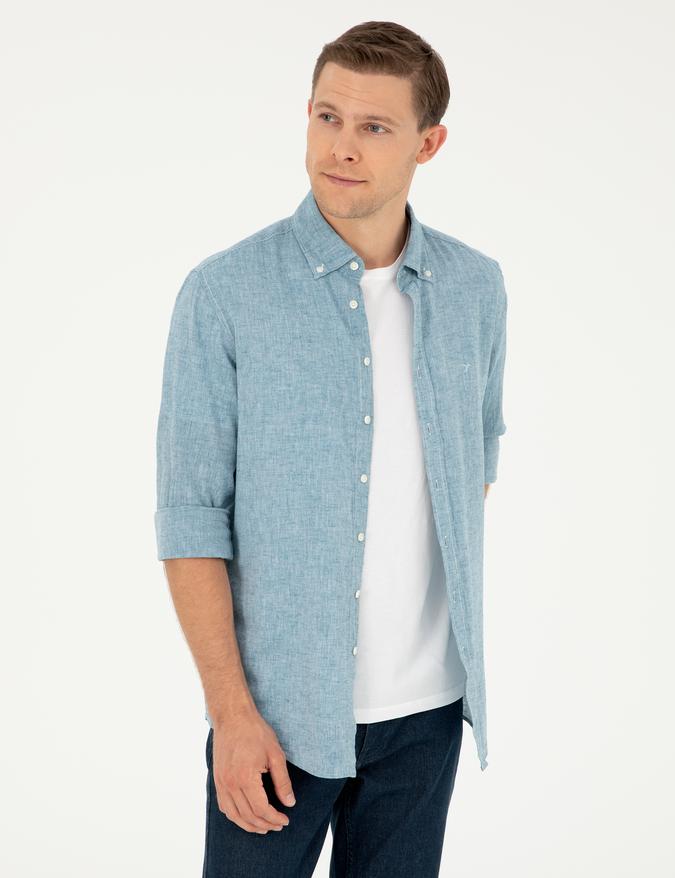 Petrol Slim Fit Keten Karışımlı Gömlek