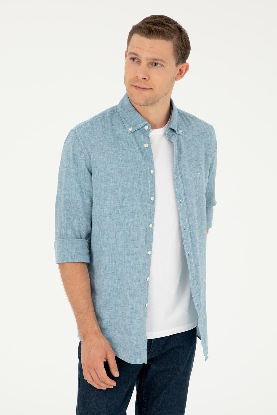 Petrol Slim Fit Keten Karışımlı Gömlek - 50266184357