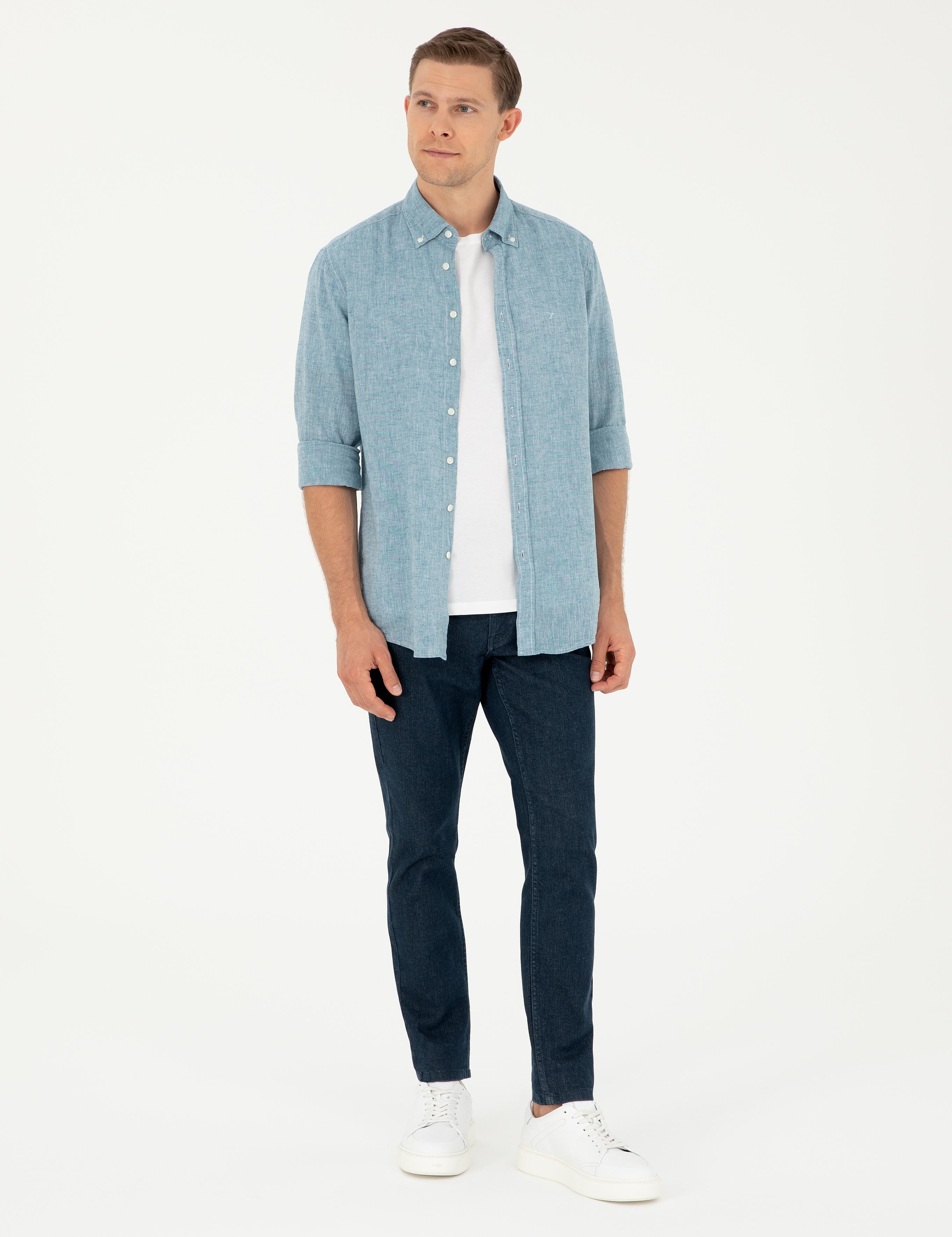 Petrol Slim Fit Keten Karışımlı Gömlek - 50266184357