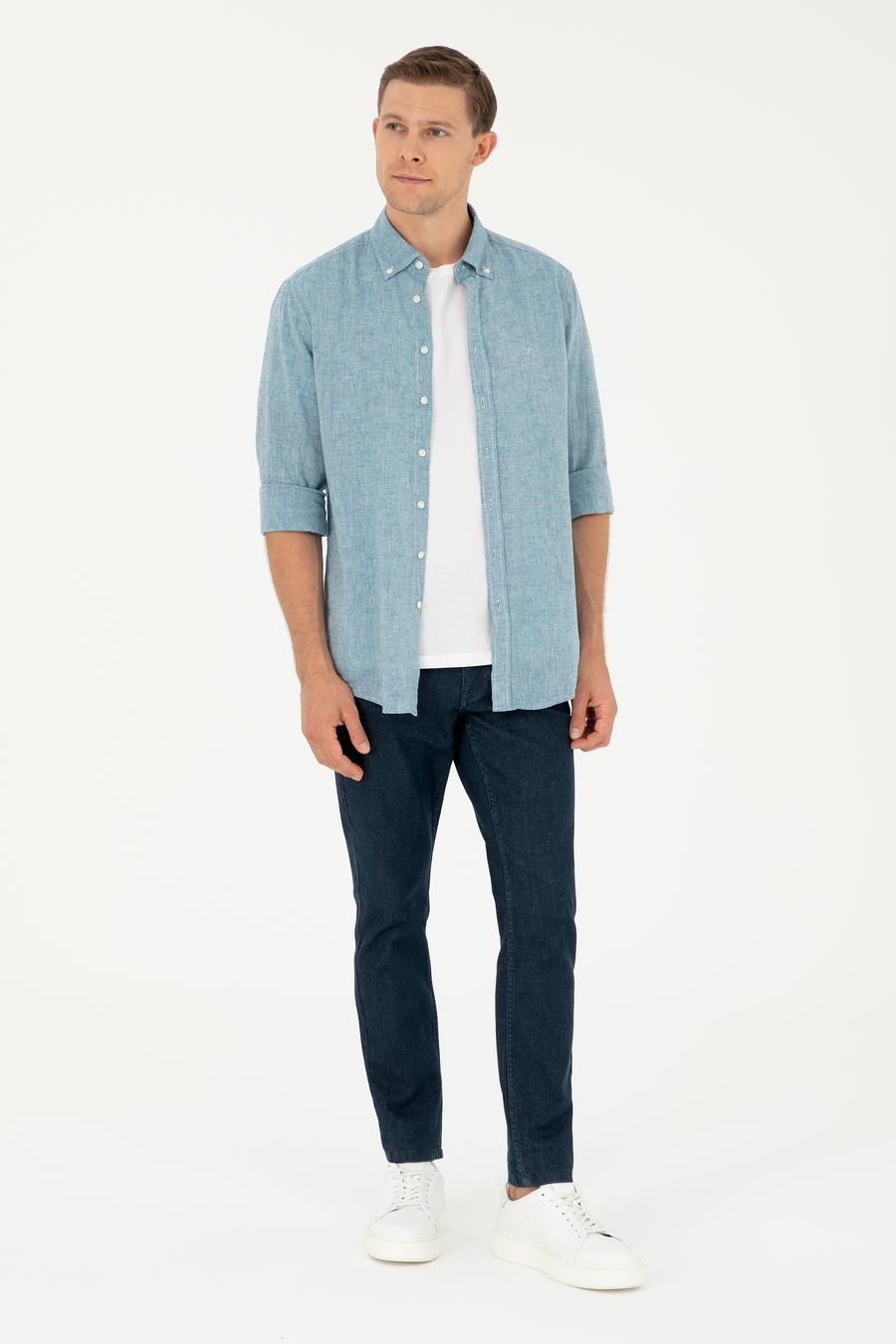 Petrol Slim Fit Keten Karışımlı Gömlek - 50266184357