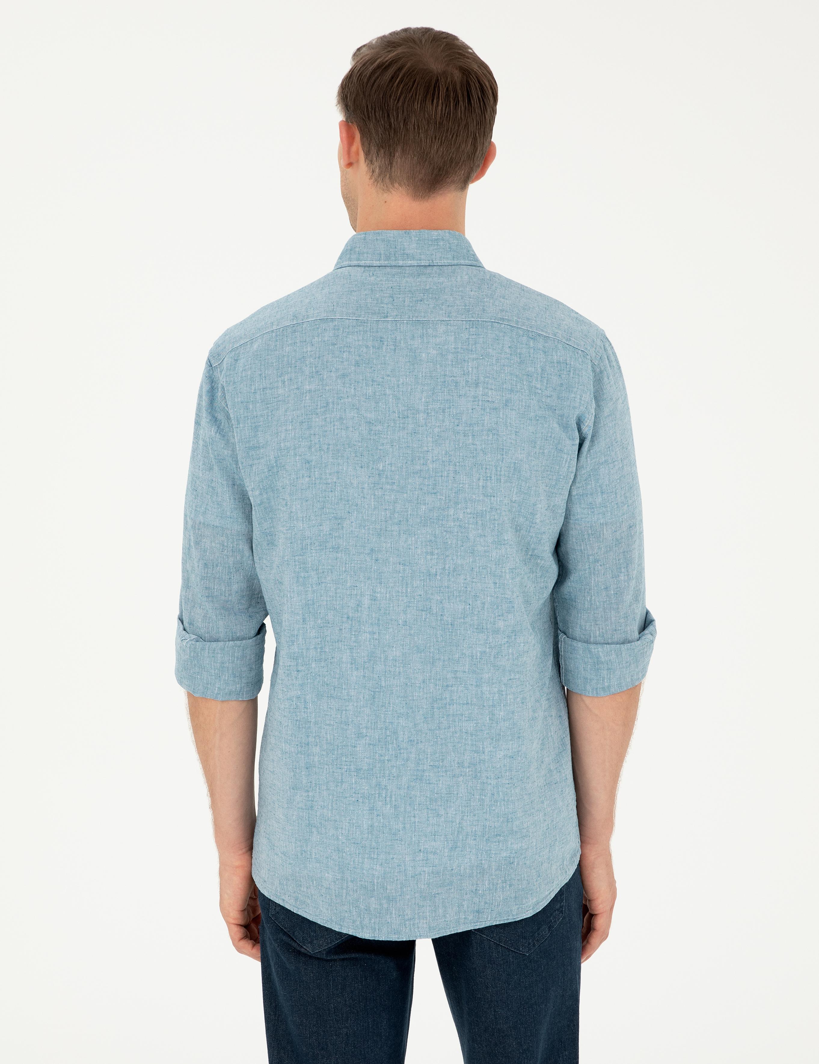 Petrol Slim Fit Keten Karışımlı Gömlek - 50266184357