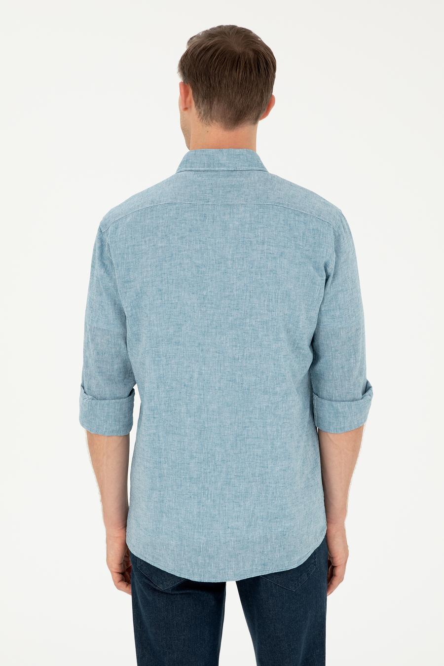 Petrol Slim Fit Keten Karışımlı Gömlek - 50266184357