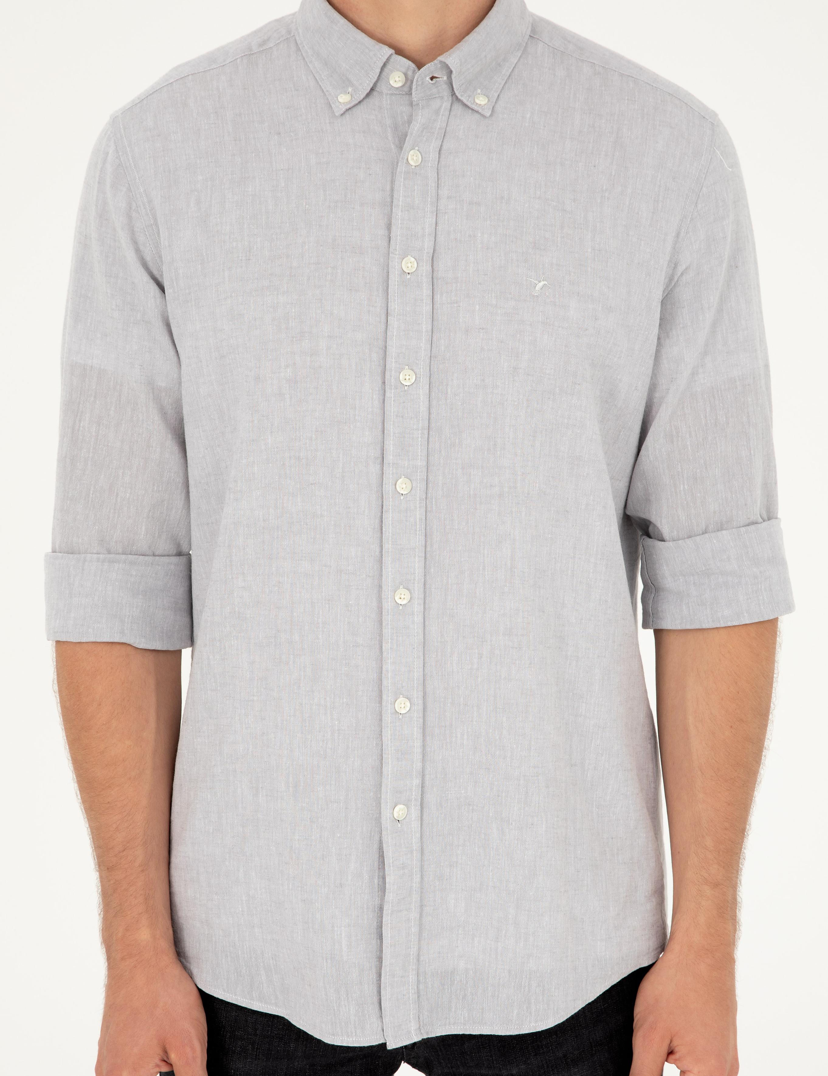 Gri Slim Fit Keten Karışımlı Gömlek - 50266184399