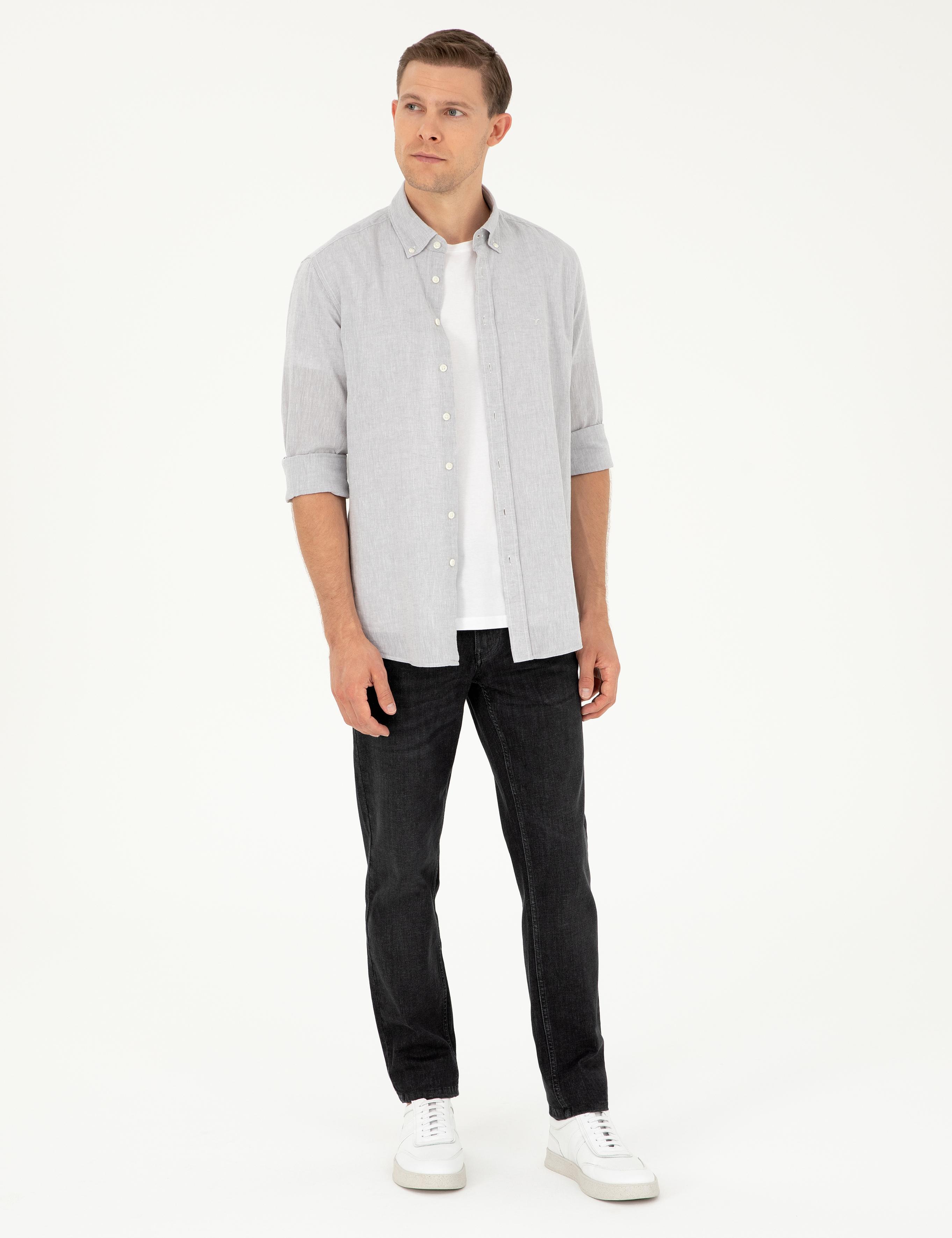 Gri Slim Fit Keten Karışımlı Gömlek - 50266184399