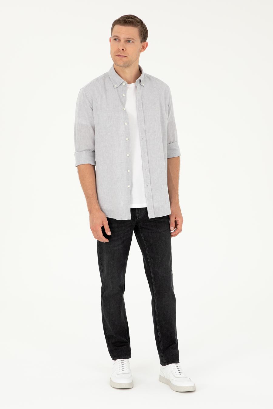 Gri Slim Fit Keten Karışımlı Gömlek - 50266184399