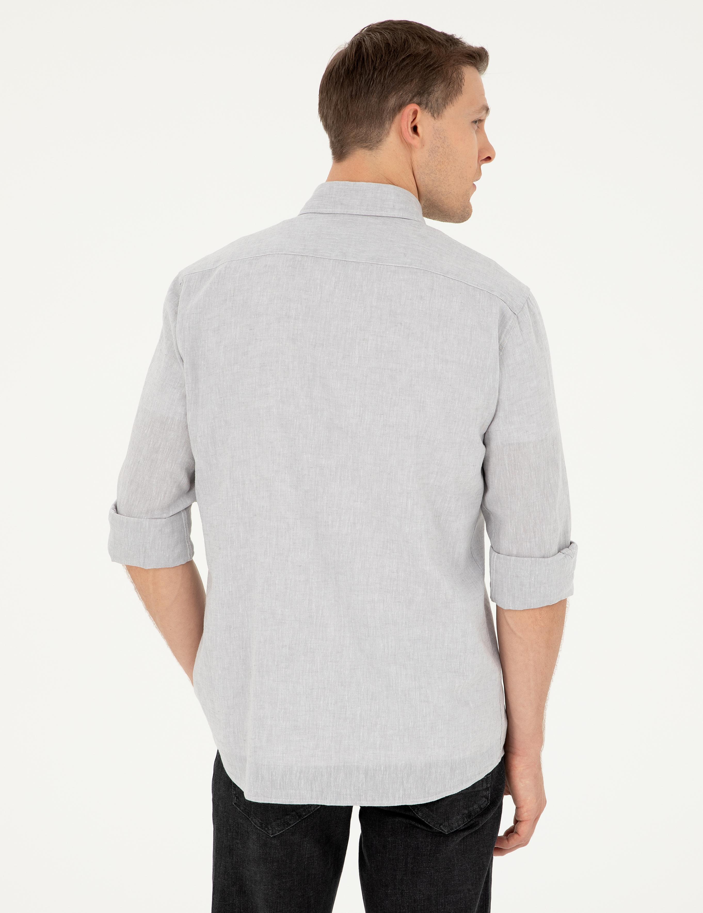 Gri Slim Fit Keten Karışımlı Gömlek - 50266184399