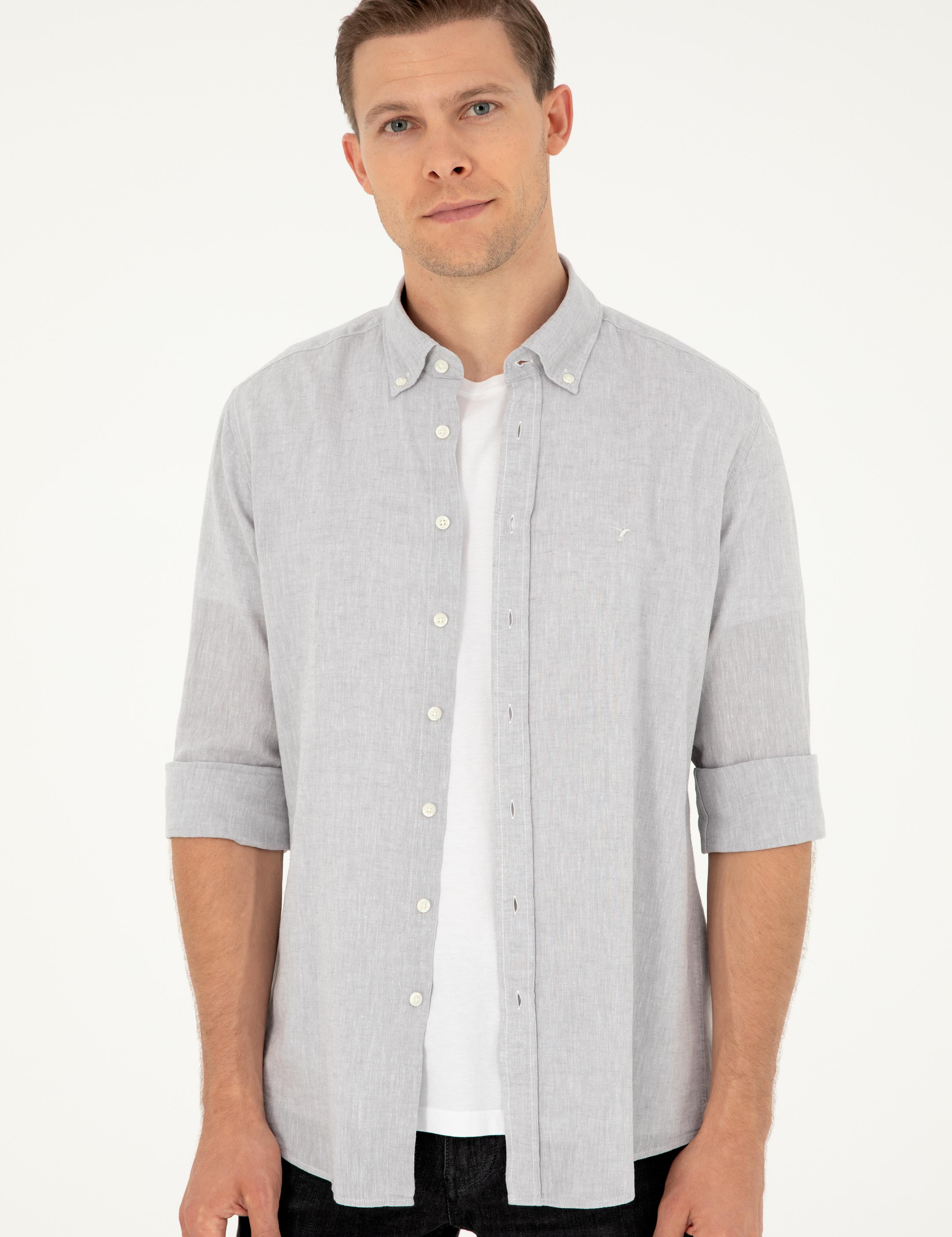 Gri Slim Fit Keten Karışımlı Gömlek - 50266184399
