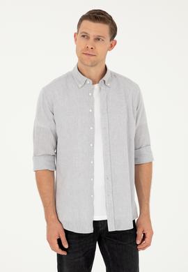 Gri Slim Fit Keten Karışımlı Gömlek