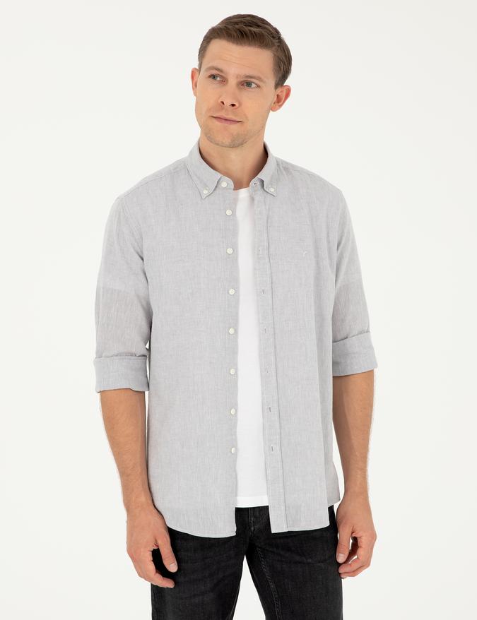 Gri Slim Fit Keten Karışımlı Gömlek