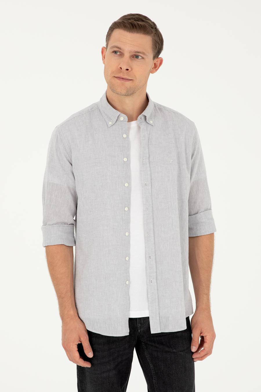 Gri Slim Fit Keten Karışımlı Gömlek - 50266184399