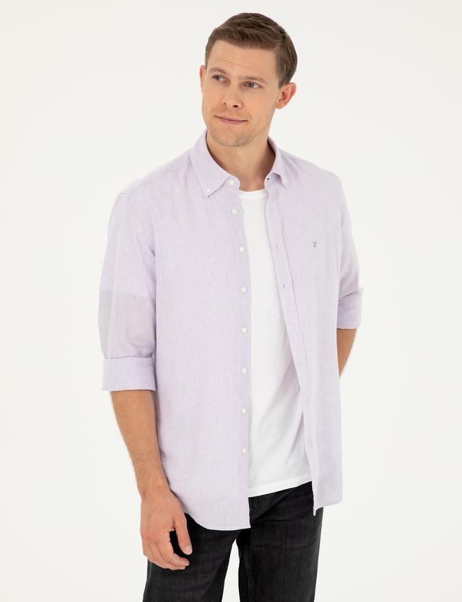 Lila Slim Fit Keten Karışımlı Gömlek