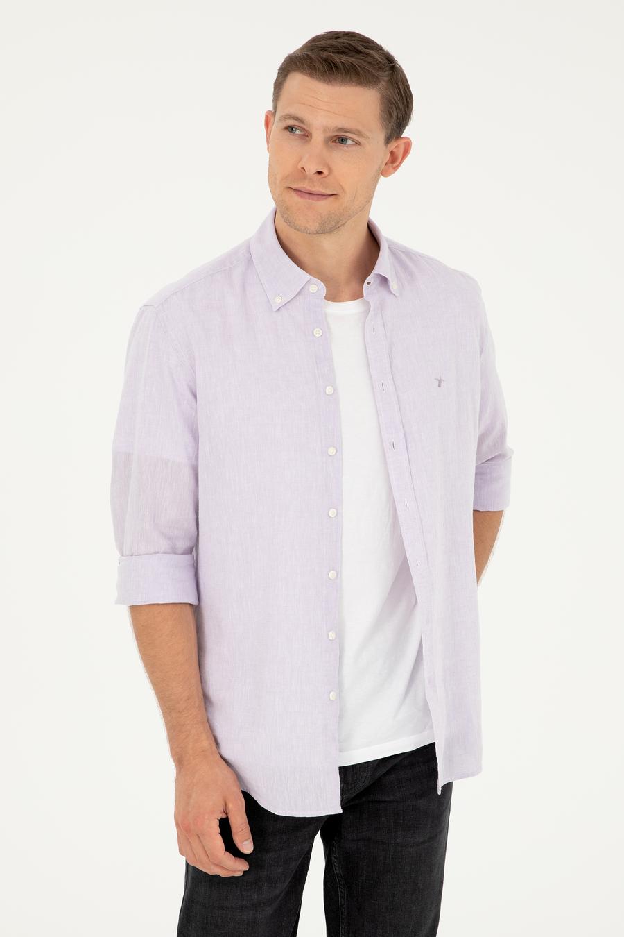 Lila Slim Fit Keten Karışımlı Gömlek - 50266184543