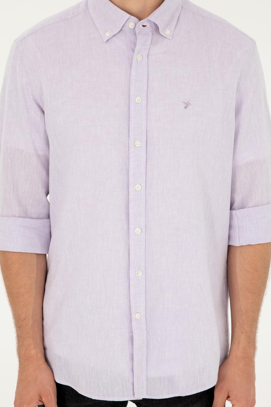 Lila Slim Fit Keten Karışımlı Gömlek - 50266184543