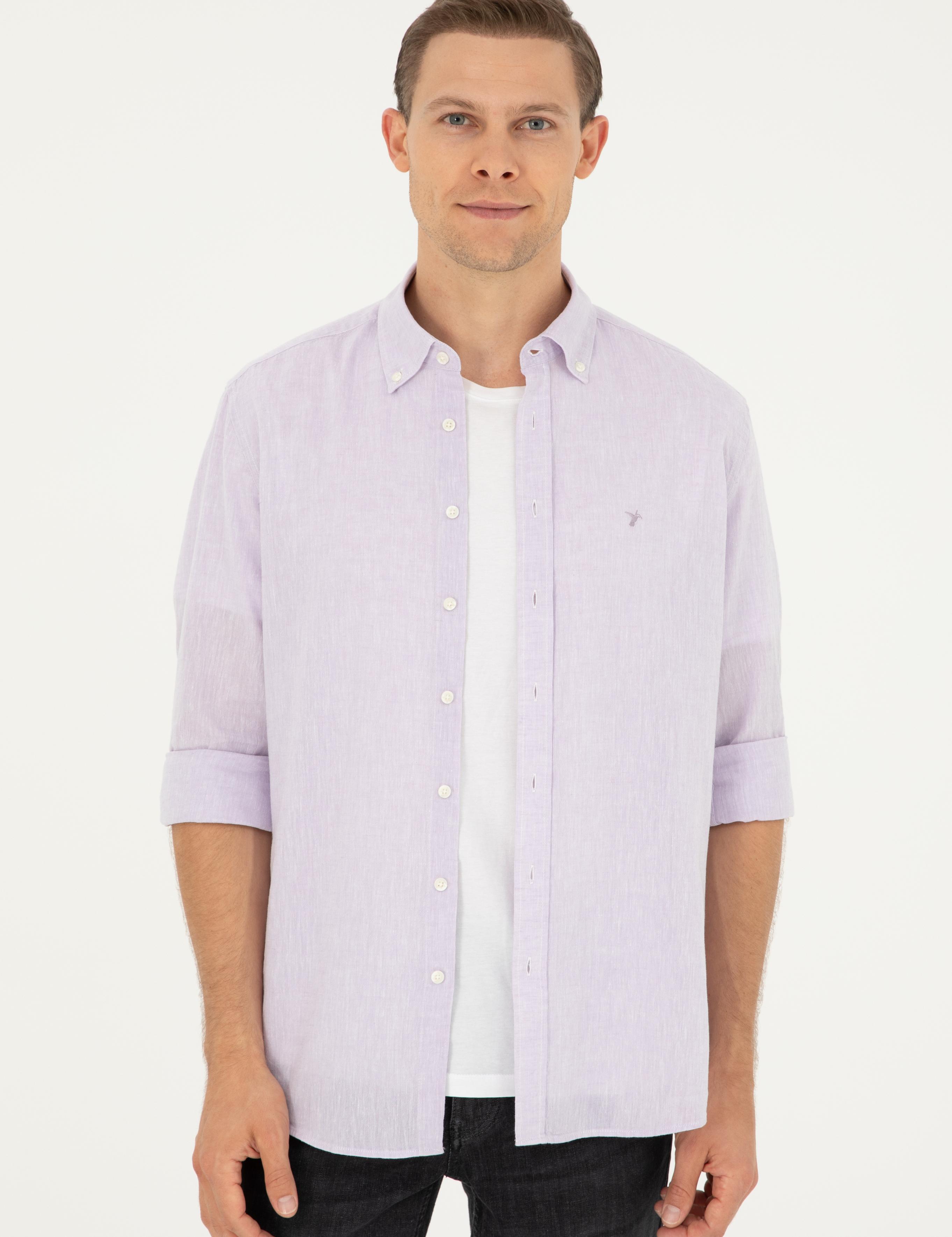 Lila Slim Fit Keten Karışımlı Gömlek - 50266184543