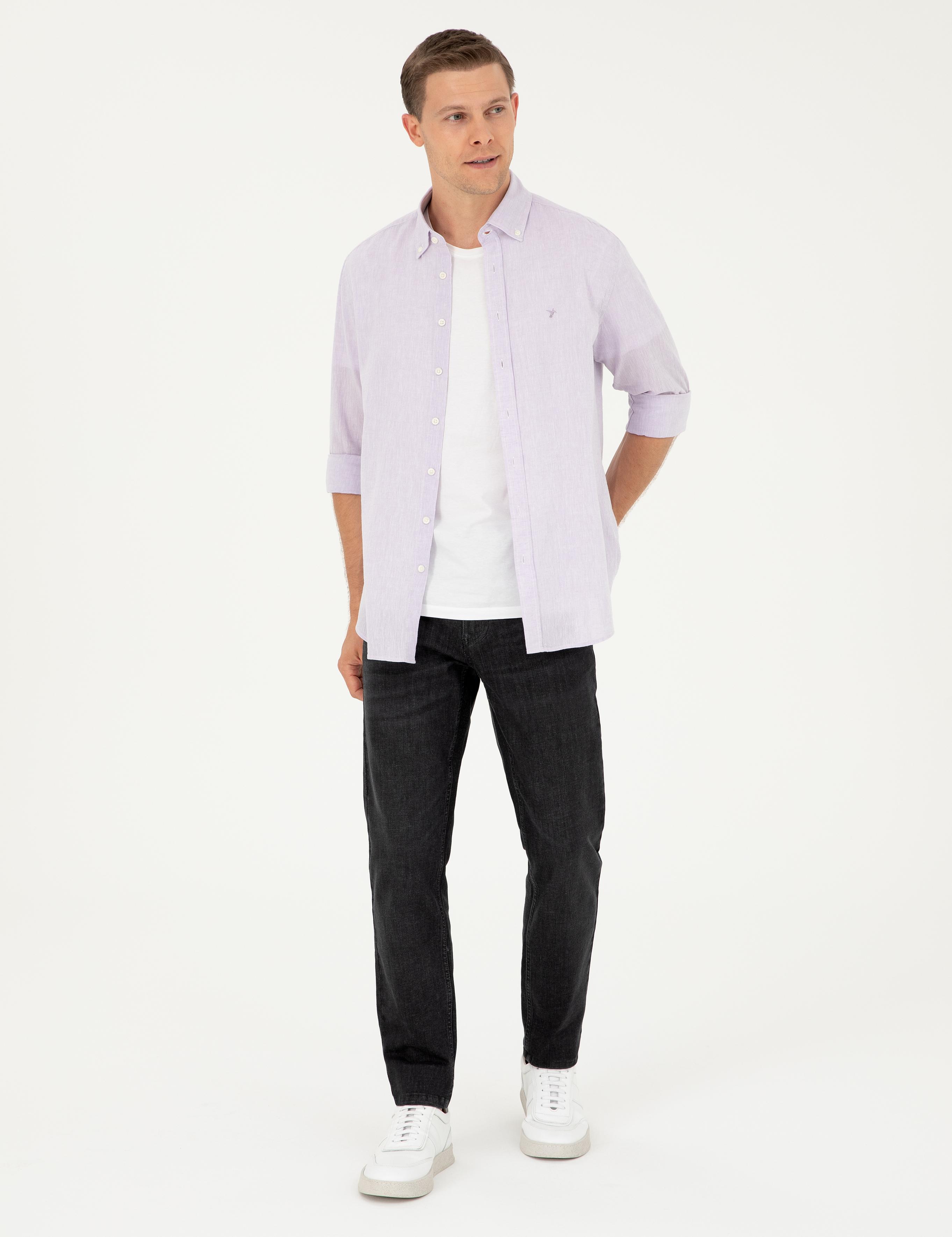 Lila Slim Fit Keten Karışımlı Gömlek - 50266184543