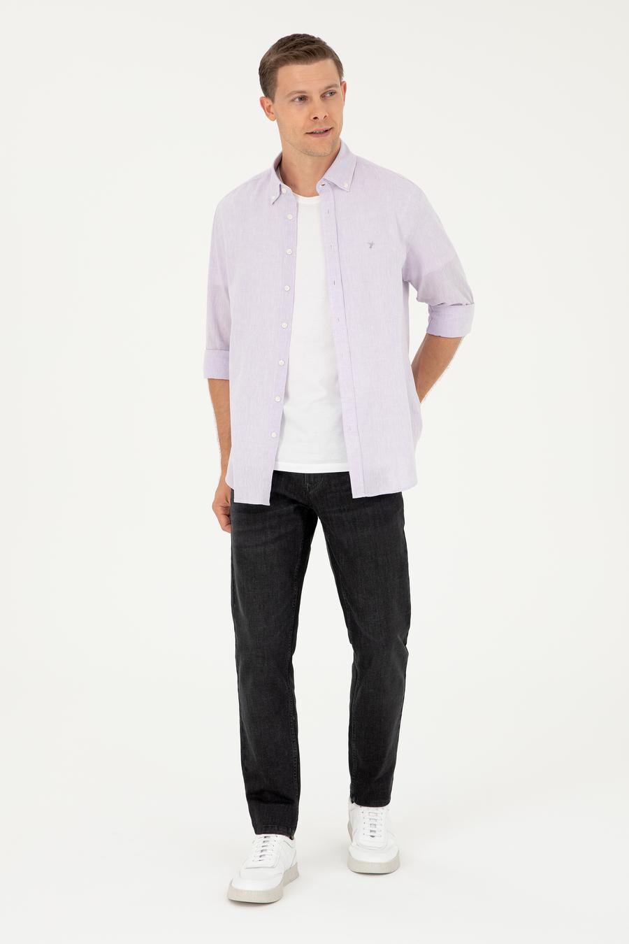 Lila Slim Fit Keten Karışımlı Gömlek - 50266184543