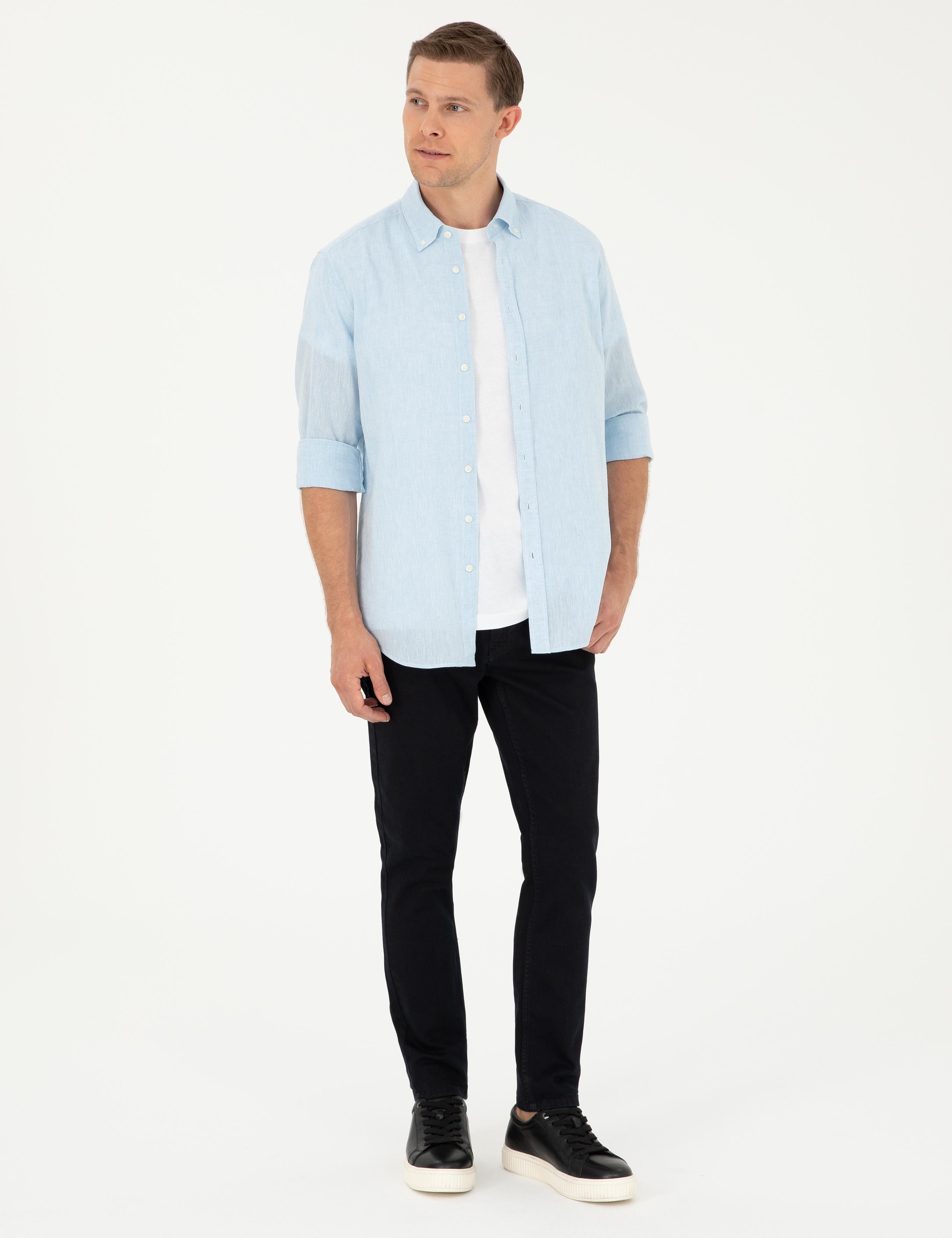 Açık Mavi Slim Fit Keten Karışımlı Gömlek - 50266184552
