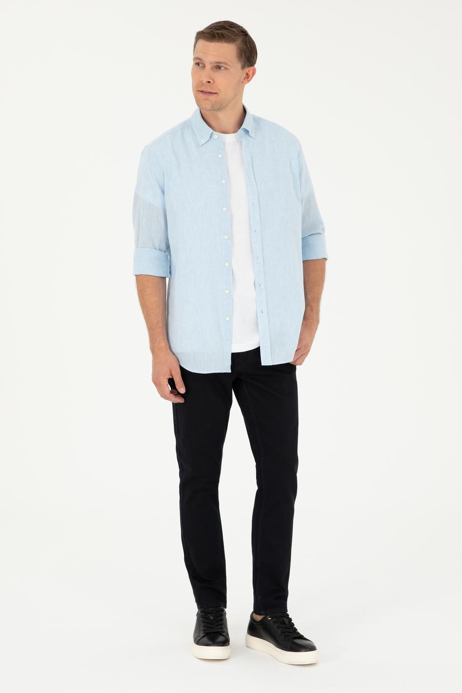 Açık Mavi Slim Fit Keten Karışımlı Gömlek - 50266184552