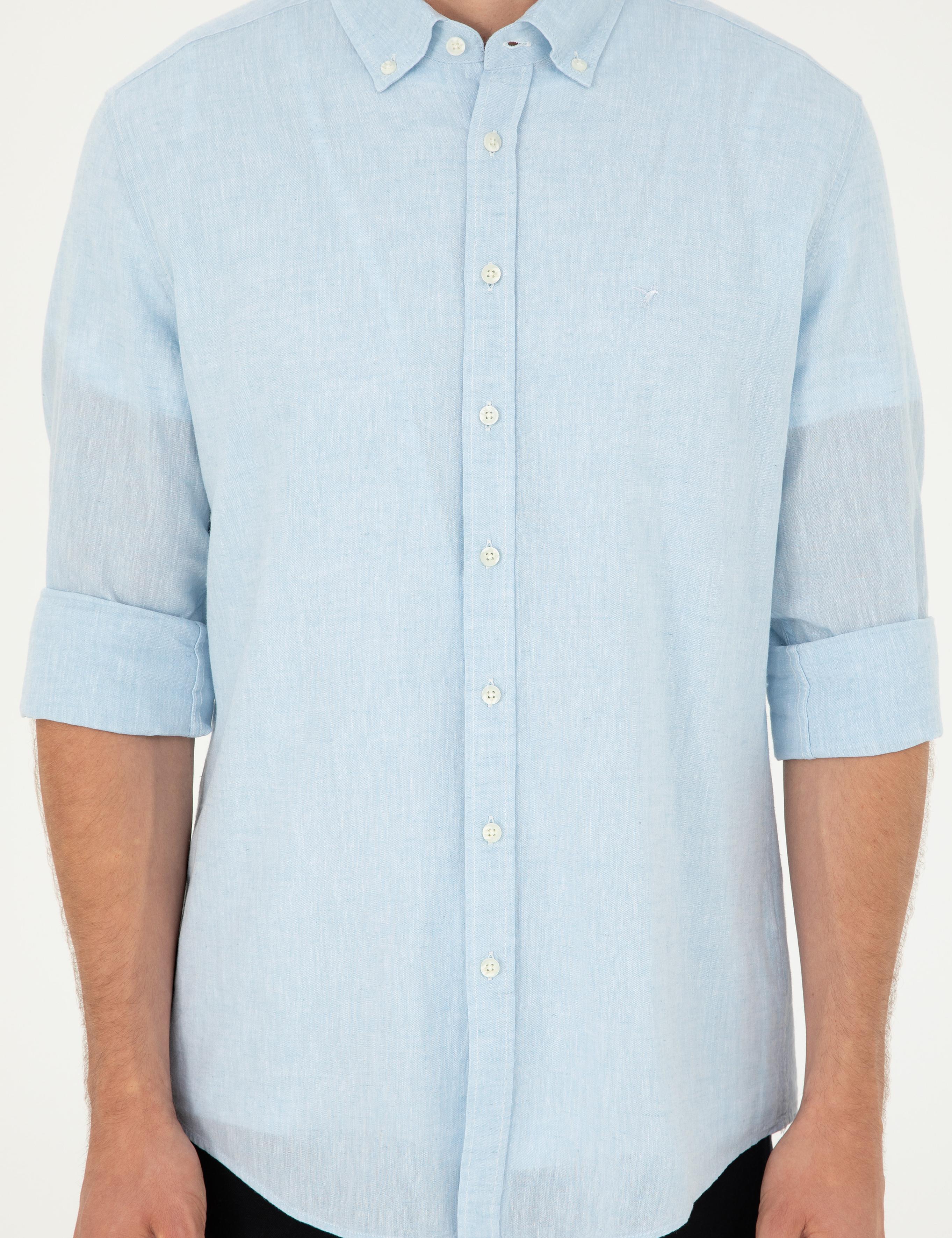 Açık Mavi Slim Fit Keten Karışımlı Gömlek - 50266184552