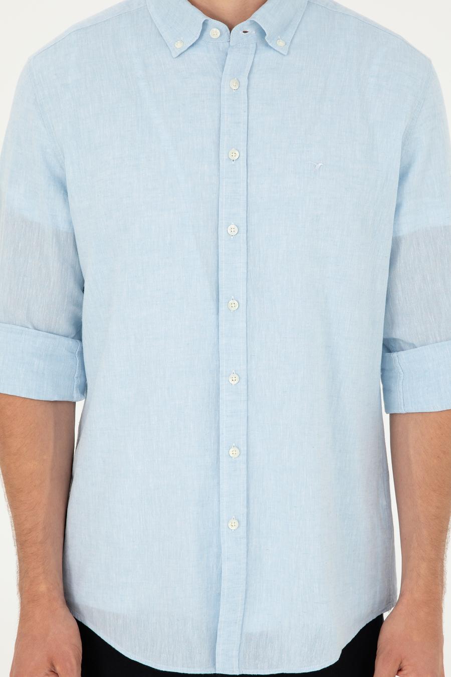 Açık Mavi Slim Fit Keten Karışımlı Gömlek - 50266184552