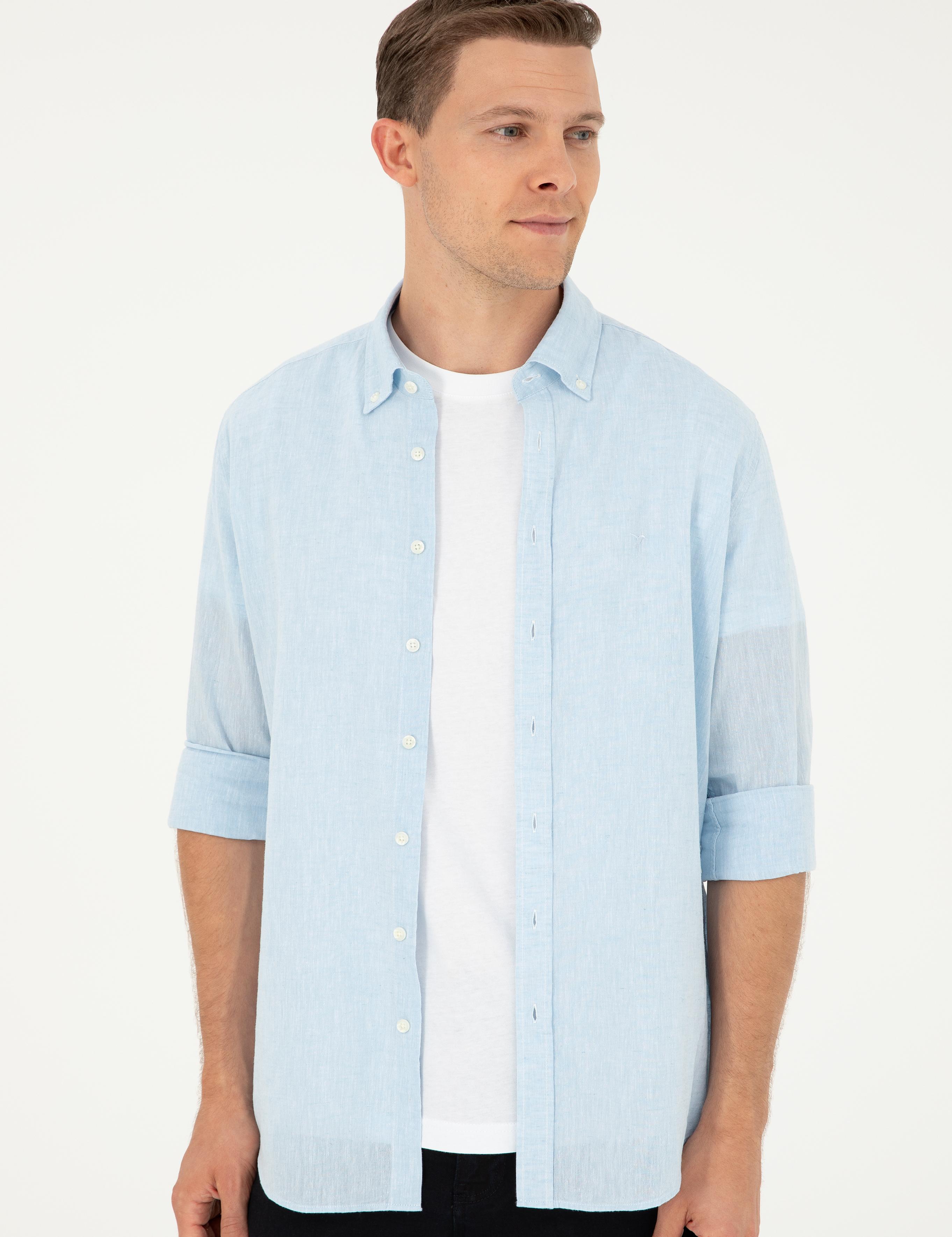 Açık Mavi Slim Fit Keten Karışımlı Gömlek - 50266184552