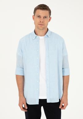 Açık Mavi Slim Fit Keten Karışımlı Gömlek
