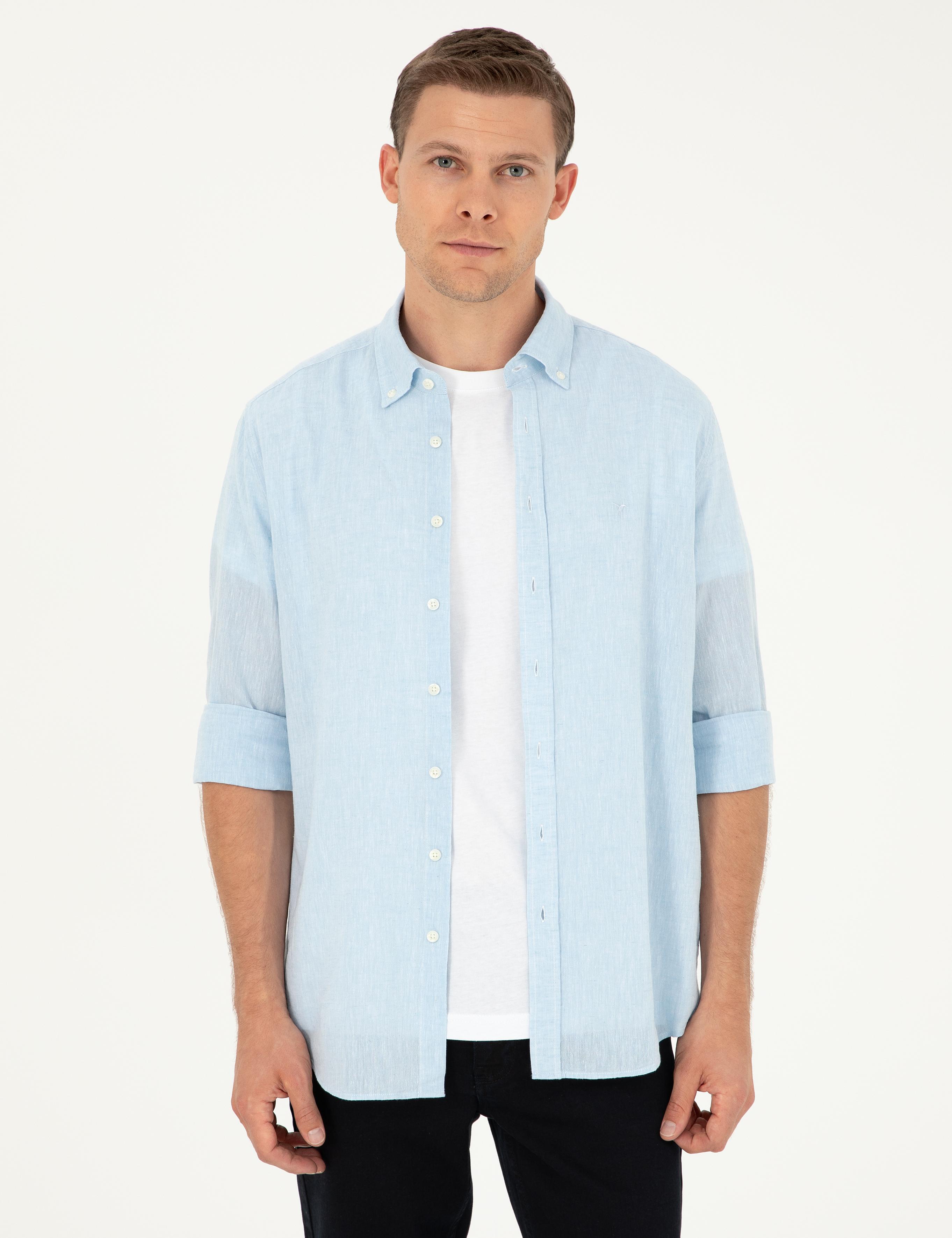 Açık Mavi Slim Fit Keten Karışımlı Gömlek - 50266184552