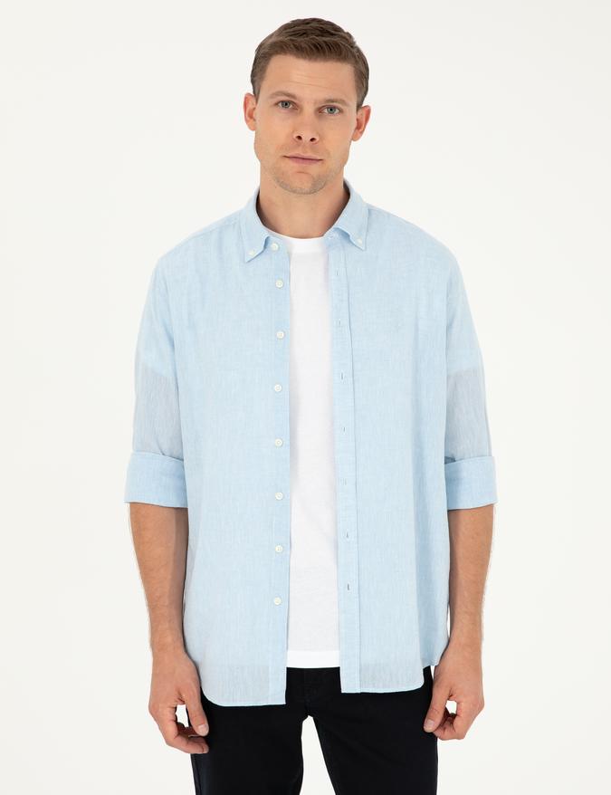 Açık Mavi Slim Fit Keten Karışımlı Gömlek